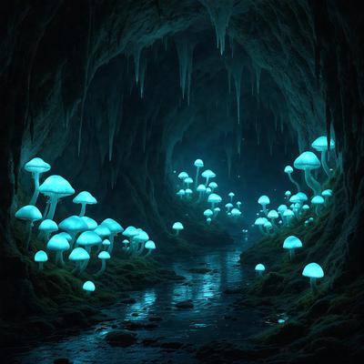 The primary subject of the image is a cave filled with blue mushrooms. The setting is a dark, underground environment, and the visual style is a digital art or illustration. The dominant colors are blue and green, creating a serene and mysterious atmosphere.